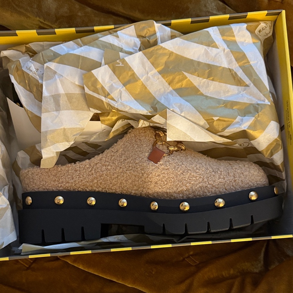 Sam Edelman Tan and Black Mules with Gold Studs